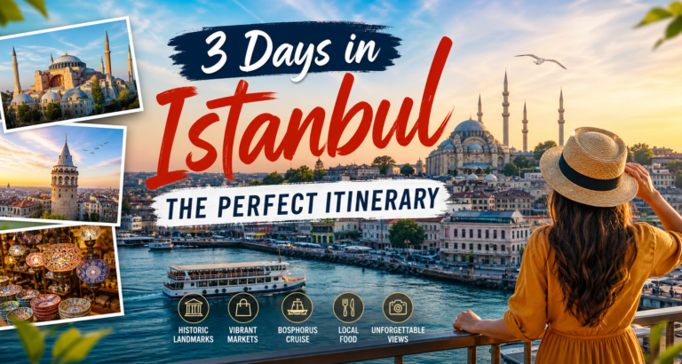 Ultimate 3 days in Istanbul itinerary showing top attractions like Hagia Sophia, Galata Tower and Bosphorus sunset views